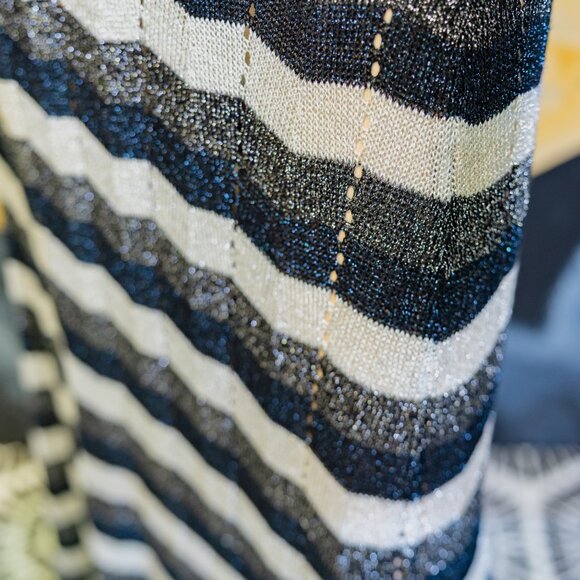 Vintage 70s Wenjilli Metallic Knit Maxi Dress * Navy & Silver Chevron Lurex - Picture 8 of 15